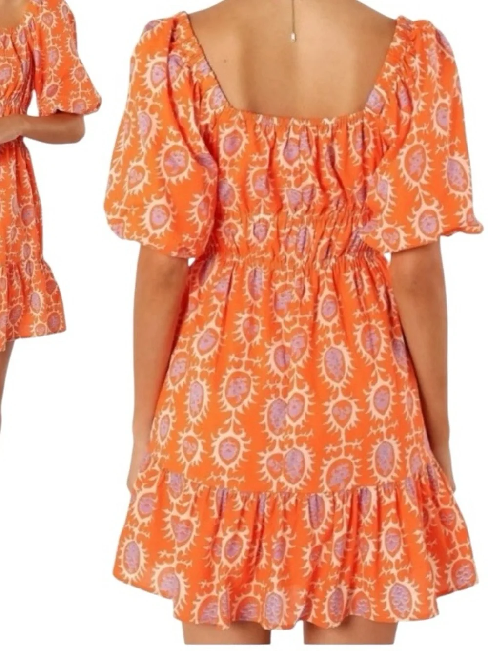 Petal & Pup Orange Printed Square-Neck Puff-Sleeve Carmen Mini Dress New size 8